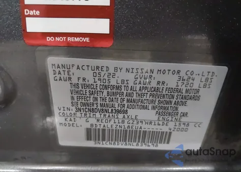 2022 Nissan Versa 1.6 S Xtronic Cvt from USA, damaged, VIN 3N1CN8DV8NL839698